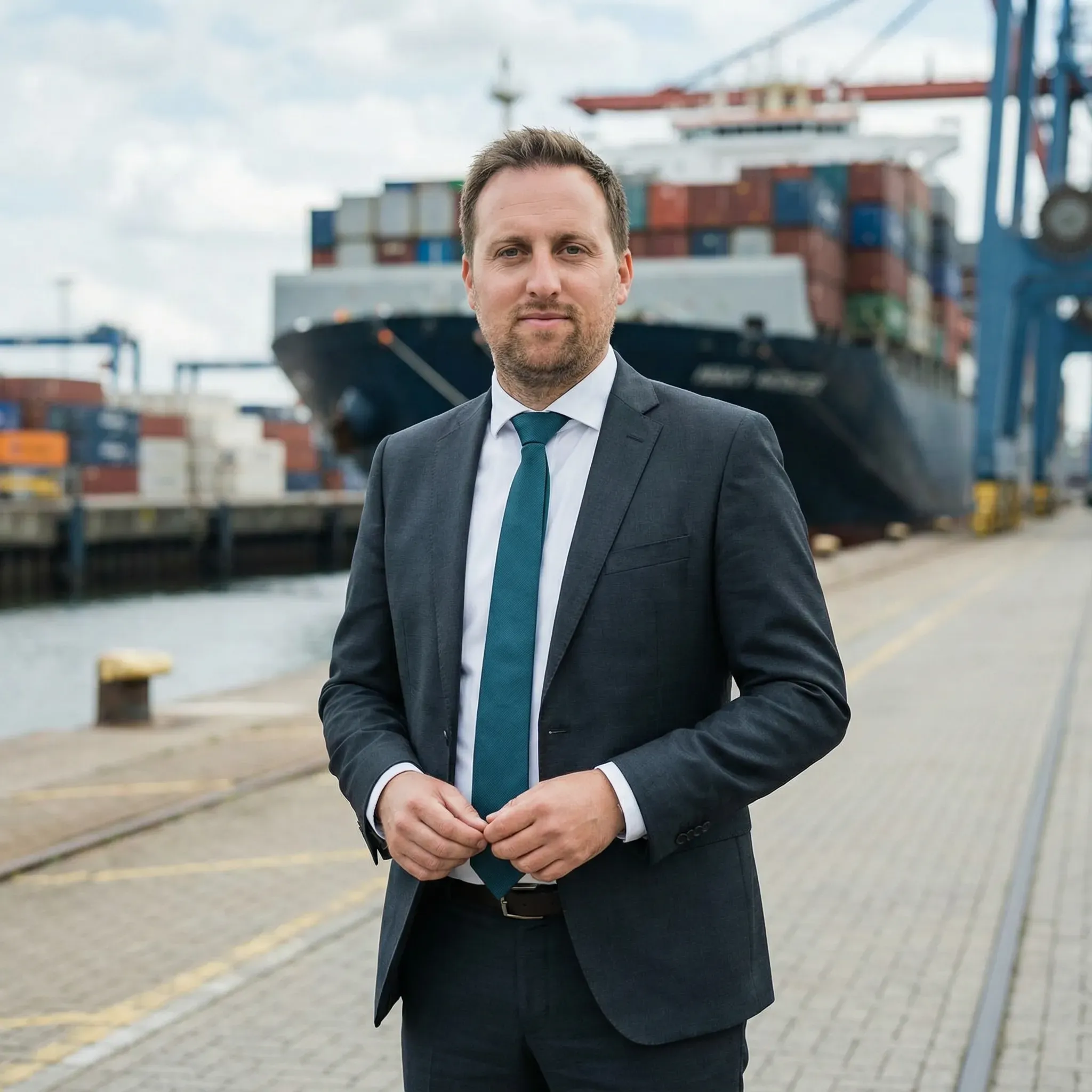 Transportrecht Anwalt im Hafen mit Container-Schiff